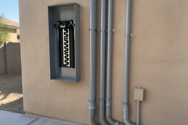 Electrical panel upgrade with a breaker box and PVC conduit on a stucco wall in Peoria, AZ.