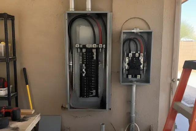 Electrical panel upgrade and wiring replacement in a residential utility room in Phoenix, AZ.