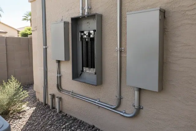 New electrical panel enclosure and conduit installed on a stucco wall in Tempe, AZ.
