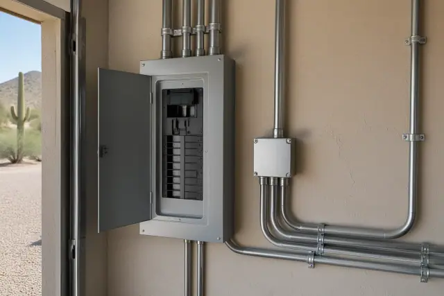 Electrical panel upgrade with metal conduit on a stucco wall in Scottsdale, AZ.