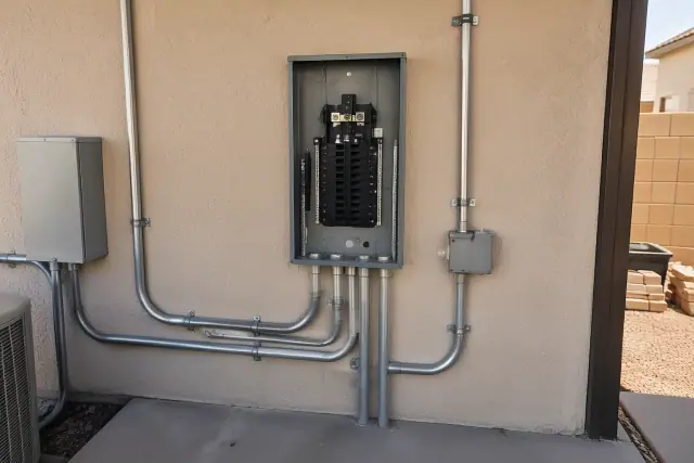 Deactivated breaker box and new conduit assemblies on an exterior wall in Surprise, AZ.