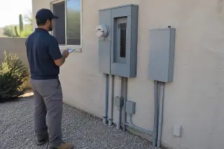 Service professional inspecting a finished breaker box and new conduit on a stucco wall in Phoenix, AZ.
