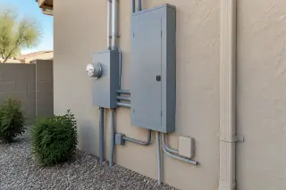 Finished electrical panel and new conduit on a stucco exterior wall in Phoenix, AZ.
