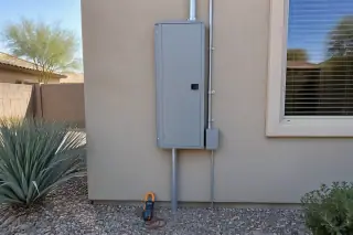 Closed metal electrical service panel mounted on a stucco exterior wall in Phoenix, AZ.