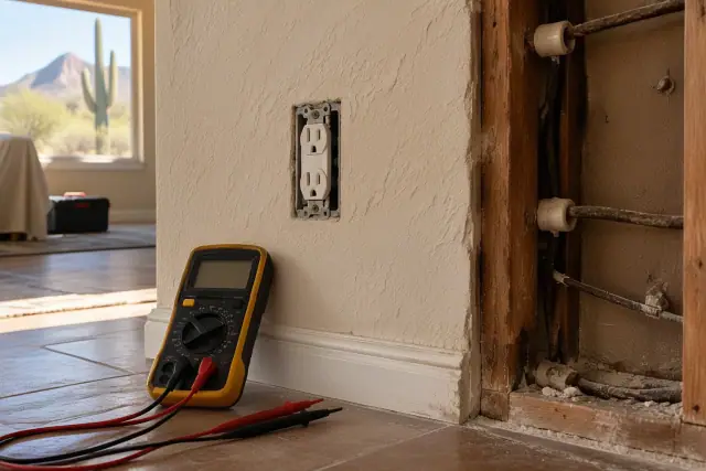 Handheld meter checking an electrical outlet during knob and tube wiring replacement in Phoenix, AZ.