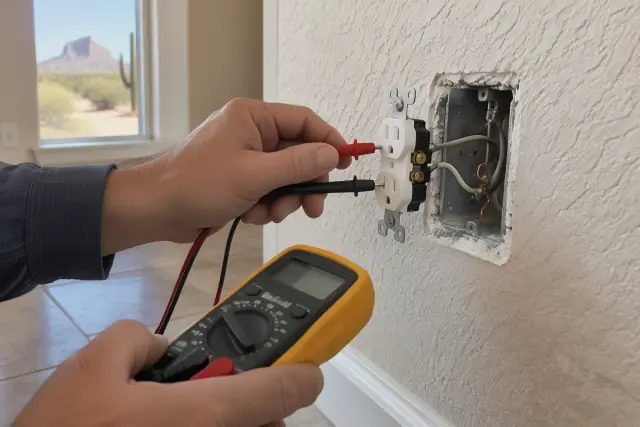 Technician testing a duplex receptacle outlet with a digital multimeter in Mesa, AZ.