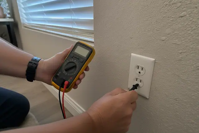 Technician using a digital multimeter to test a wall outlet during an electrical safety inspection in Peoria, AZ.