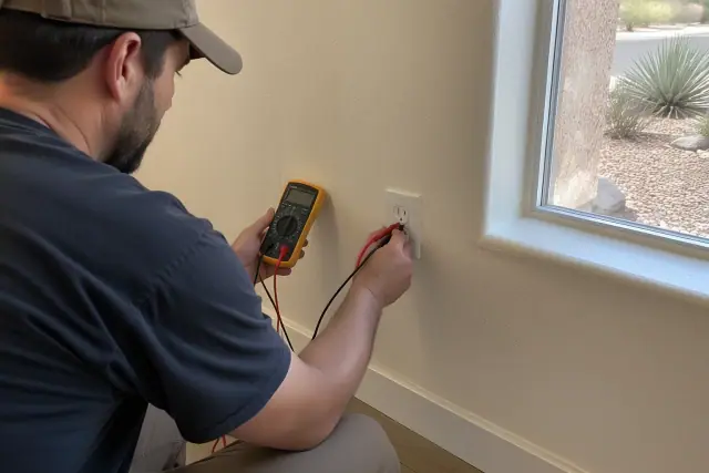 Technician using a multimeter to test a wall outlet during an electrical inspection in Gilbert, AZ.