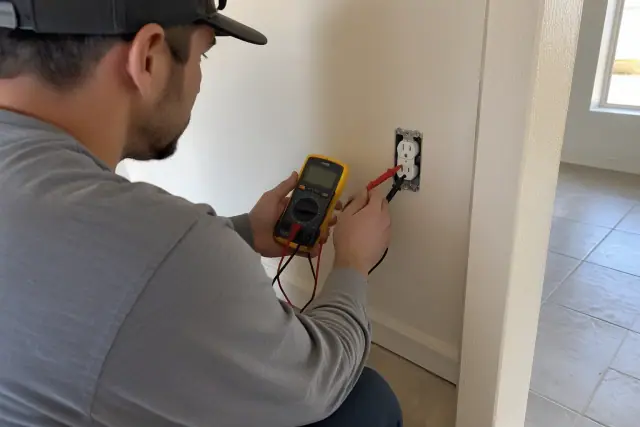 Technician testing a duplex receptacle outlet with a multimeter during a home rewiring in Chandler, AZ.