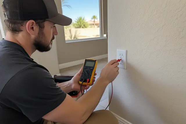 Technician testing an electrical wall outlet with a multimeter during a whole house rewiring in Avondale, AZ.