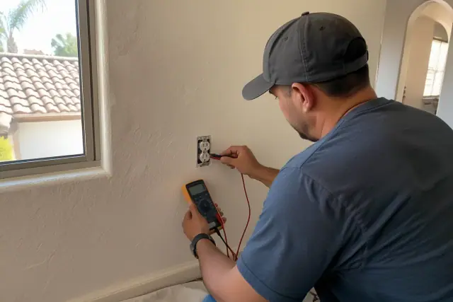 Technician testing a duplex receptacle with a multimeter in a Glendale, AZ home.