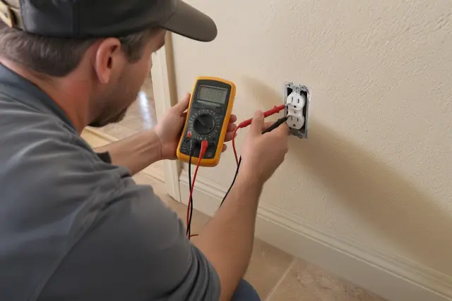 Technician using a digital multimeter to test an outlet during an electrical inspection in Surprise, AZ.