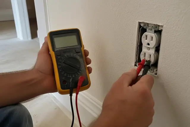 Technician testing a duplex electrical outlet with a multimeter in a Scottsdale, AZ home.