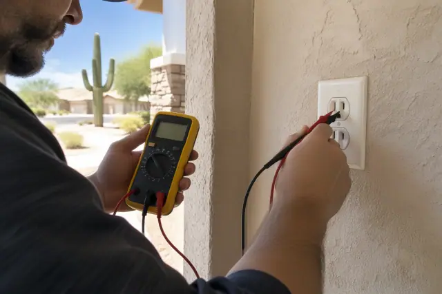 Technician using a digital multimeter to test a wall outlet during home rewiring in Goodyear, AZ.