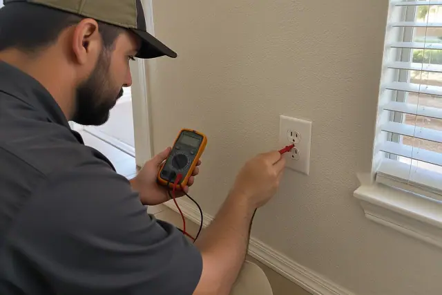 Technician testing a wall outlet with a digital multimeter during a whole house rewiring in Tempe, AZ.