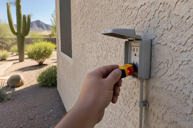 Technician testing an electrical outlet during a panel upgrade in Phoenix, AZ.