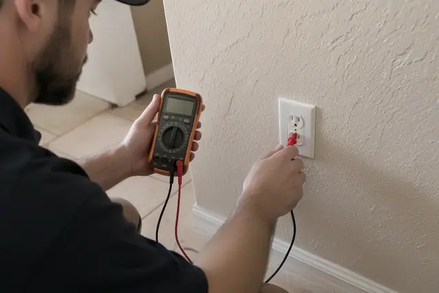 Technician testing continuity at a wall outlet with a digital multimeter in Phoenix, AZ.