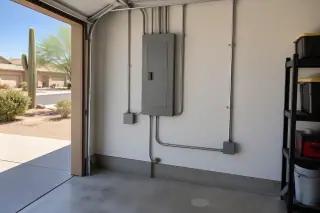 Garage utility area with a closed electrical panel and conduit in Phoenix, AZ.