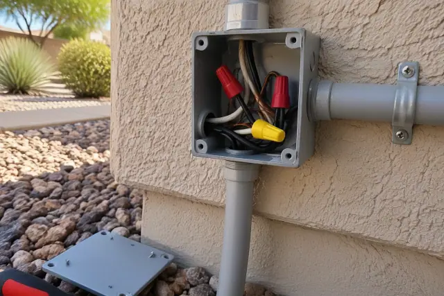 Open electrical junction box with exposed wires during an inspection in Phoenix, AZ.