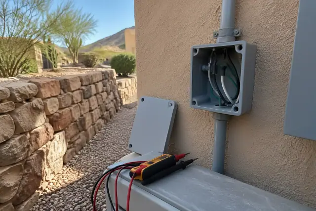 Test probe and unpowered junction box for whole-home surge protection in Phoenix, AZ.