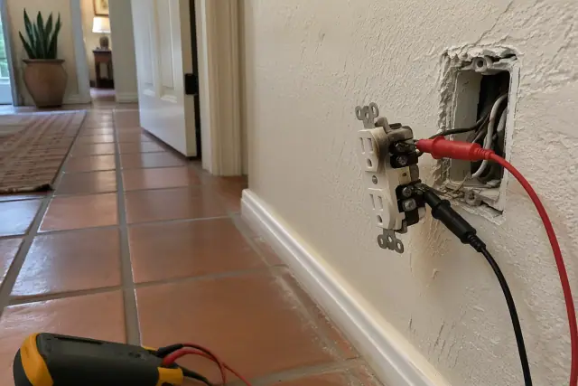 Electrical troubleshooting in a Phoenix, AZ home hallway showing a disconnected, scorched outlet with multimeter clips.