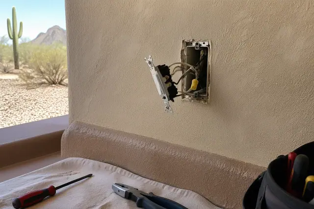 Technician performing electrical troubleshooting for aluminum wiring replacement in Phoenix, AZ.