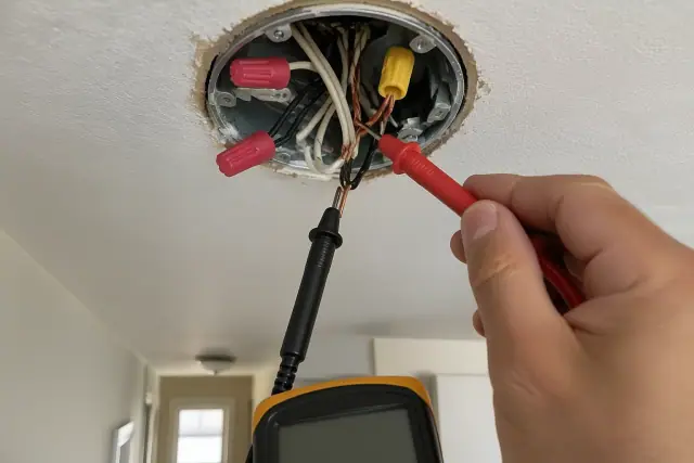 Multimeter probe testing stripped copper wire in an open ceiling junction box in Tempe, AZ.