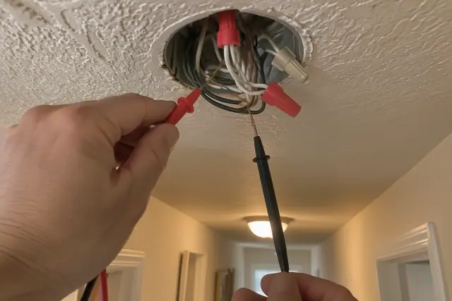 Multimeter testing exposed wires in a ceiling junction box during house rewiring in Avondale, AZ.