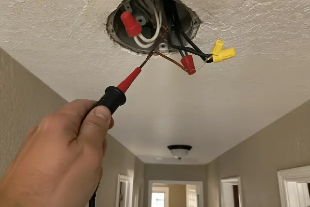Technician testing wires with a continuity tester in a ceiling junction box in a Goodyear, AZ home.