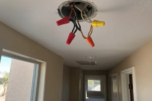 Electrical troubleshooting in a hallway ceiling in Surprise, AZ, showing colored wires in an open junction box.