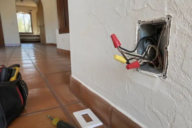 Open junction box with exposed wires during knob and tube wiring replacement in a Phoenix, AZ home.