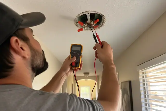Electrical troubleshooting and diagnostics for whole house rewiring in a hallway ceiling in Gilbert, AZ.