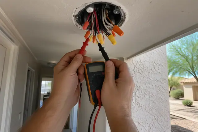 Technician testing wires with a digital meter at a home in Peoria, AZ.