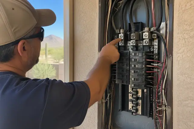 Electrician inspecting aluminum branch wiring at a service panel in Phoenix, AZ.