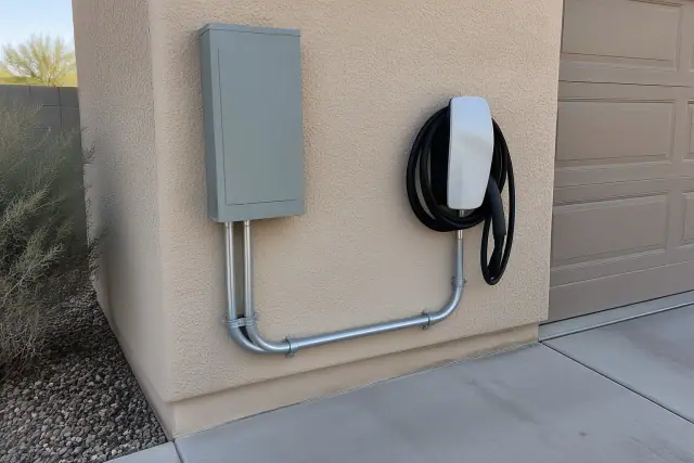EV charger circuits with heavy-duty conduit on a stucco wall in Phoenix, AZ.