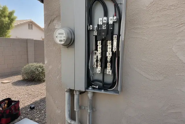 Contractor photo of a 400 amp electrical panel upgrade on a stucco exterior in Phoenix, AZ.