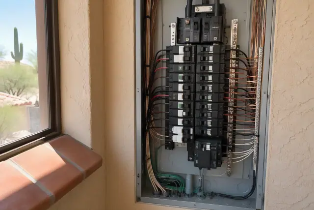 Contractor progress photo of electrical panel safety upgrades inside a home in Phoenix, AZ.