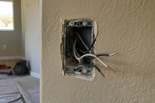 Electrical outlet box with copper wires during a whole house rewiring project in Peoria, AZ.