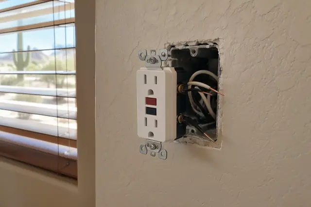 Electrical wiring and safety device installation on an interior wall in Scottsdale, AZ.