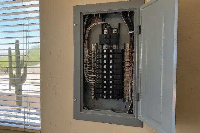 GFCI and AFCI breaker upgrade inside a residential electrical panel during knob and tube replacement in Phoenix, AZ.