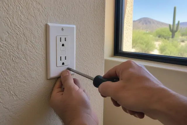 GFCI outlet installation on a stucco wall with natural window light in Phoenix, AZ.