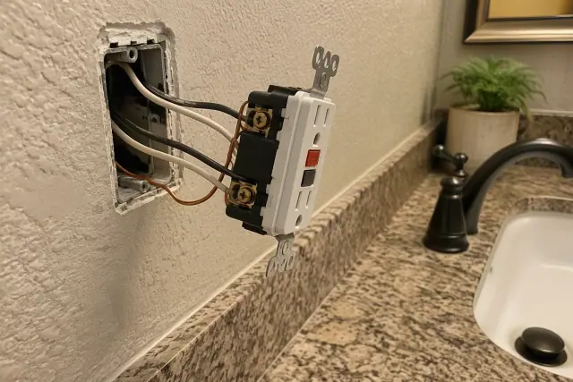 GFCI receptacle with copper wires and test button on a stucco wall in Phoenix, AZ.