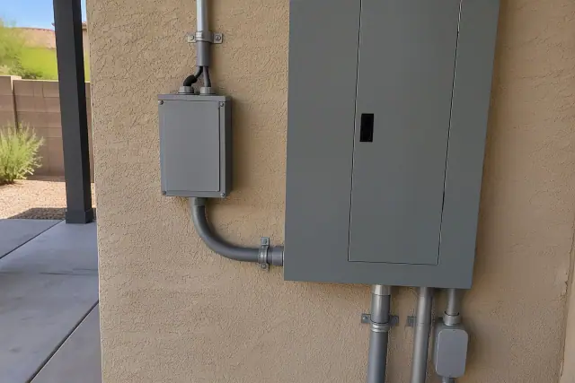 Hardwired surge protector installed next to a home electrical panel in Phoenix, AZ.