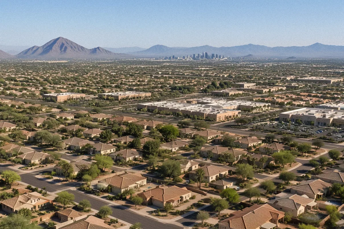 Aerial drone view of Phoenix, AZ, showing residential neighborhoods with terracotta roofs and desert landscaping.