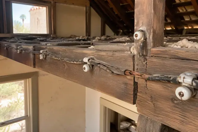 Historic home attic rewiring with vintage ceramic insulators and exposed copper conductors in Phoenix, AZ.