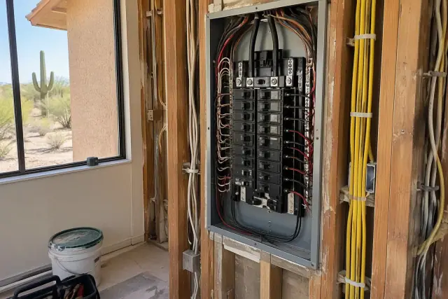 Open electrical service panel and new wiring in a home in Phoenix, AZ.