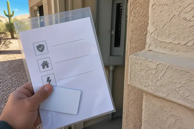 Contractor photo of electrical safety inspection documents against a desert stucco wall in Phoenix, AZ.
