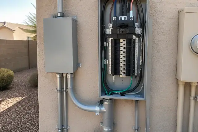 Surge suppression unit and service panel on a stucco exterior in Phoenix, AZ.