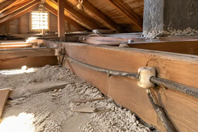 Knob and tube wiring with vintage ceramic insulators in an open attic in Phoenix, AZ.