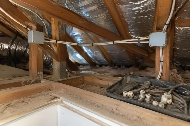 Knob and tube wiring replacement in a Phoenix, AZ attic, showing new cables and old porcelain removed.